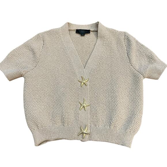 Zara Starfish Button Cardigan XS Tan Short Sleeve Cropped Textured Knit Coastal - Picture 1 of 8